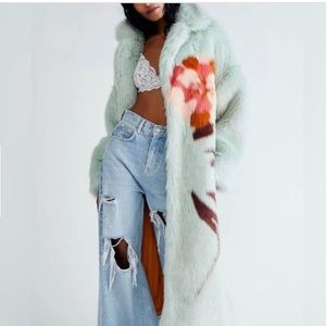 Free People Fluffy Flower Fur Long Duster Whimsical Pretty Coat